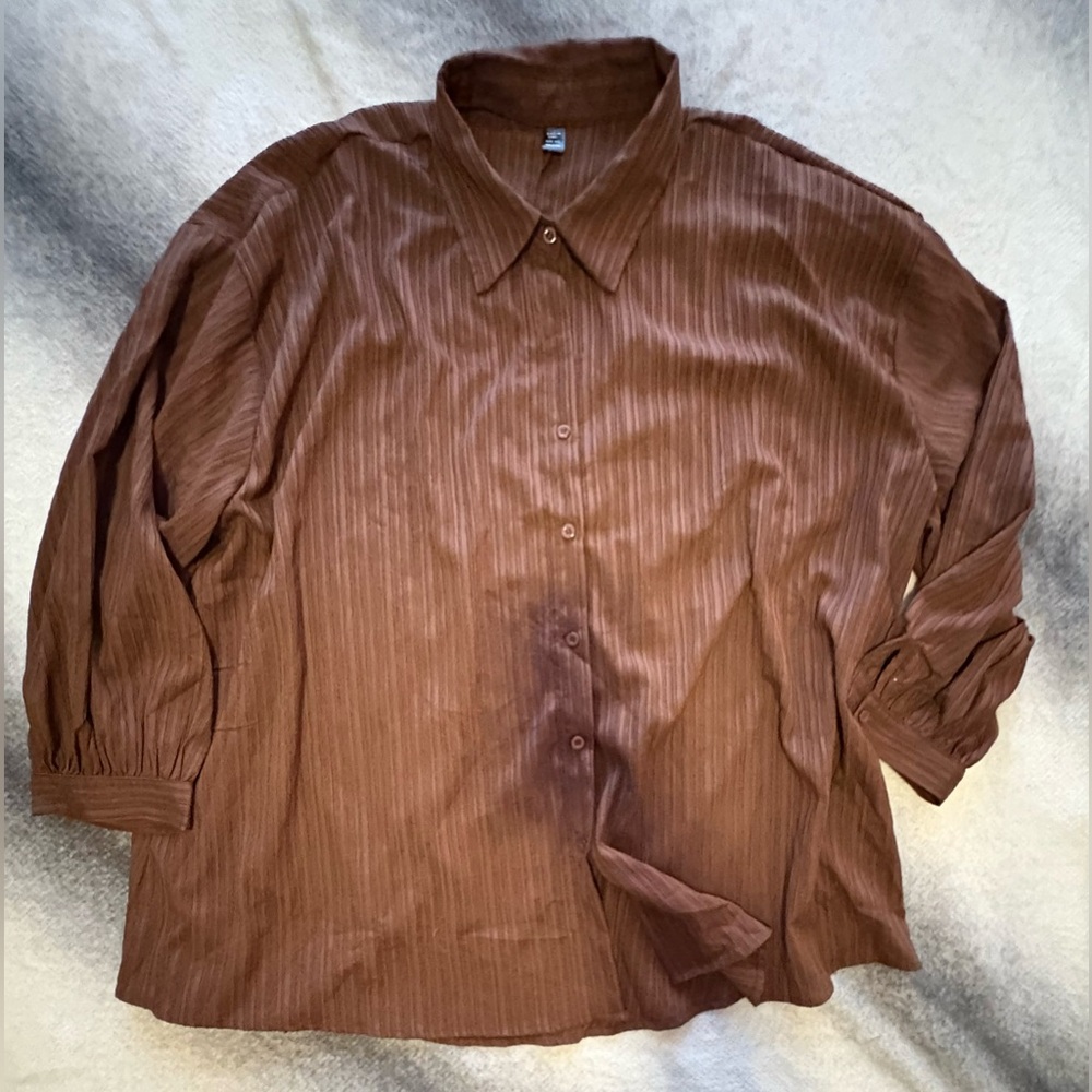 (B2)‎ SHEIN Curve Brown Monochromatic Pinstripe Button Blouse Top 6XL 24 26
